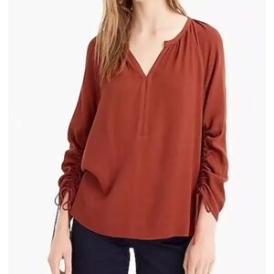 J Crew Point Sur Drapey Open V-Neck Ruched Flowy Blouse Top Size M Burgundy
